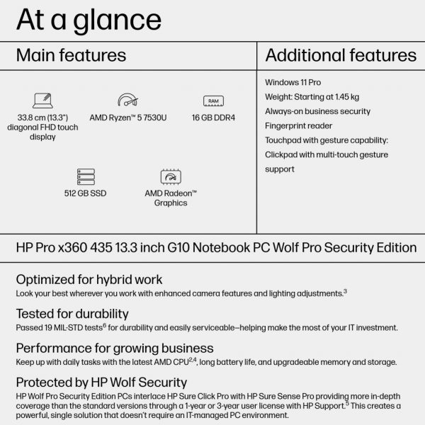 HP Pro x360 435 G10 AMD Ryzen™ 5 7530U Hybrid (2-in-1) 33.8 cm (13.3") Touchscreen Full HD 16 GB DDR4-SDRAM 512 GB SSD Wi - Image 20